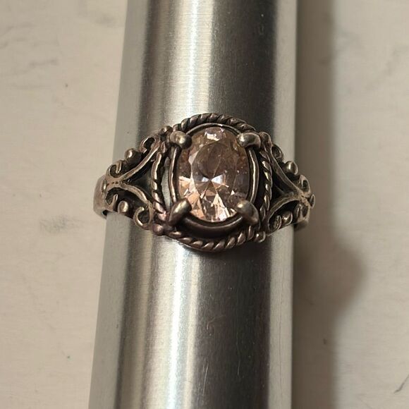 Vintage Sterling Silver and Oval Pink Stone Ornate Ring 6.5 - Picture 1 of 6